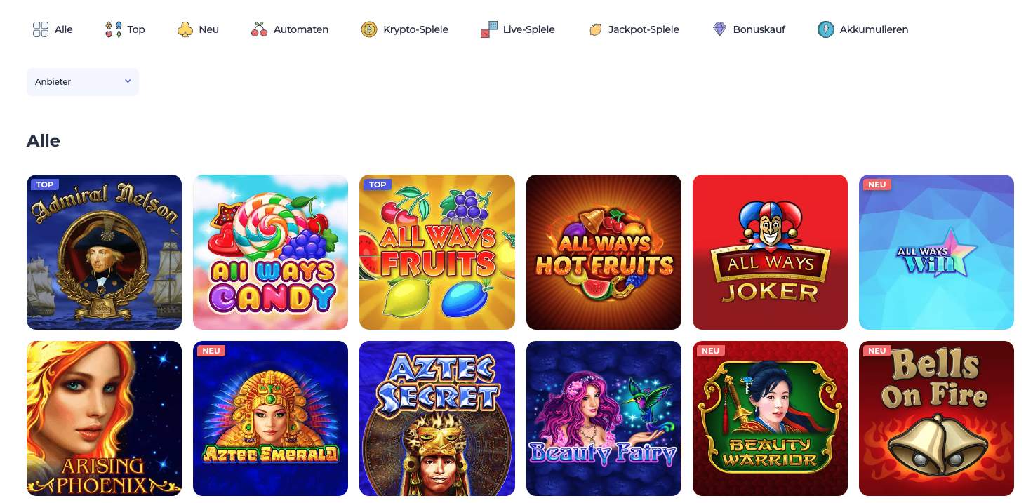 Casino Spieleauswahl im Luckystart Casino