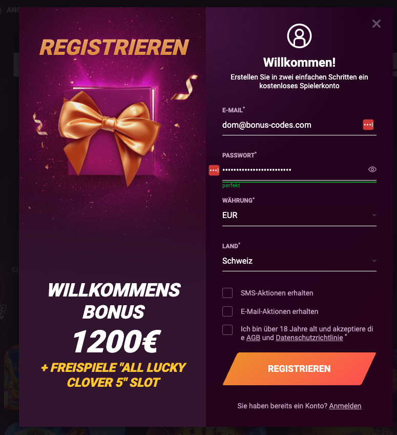 RickyCasino Anmeldeformular