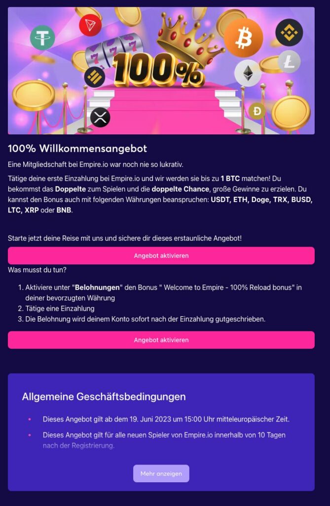 Willkommensbonus bei Empire.io