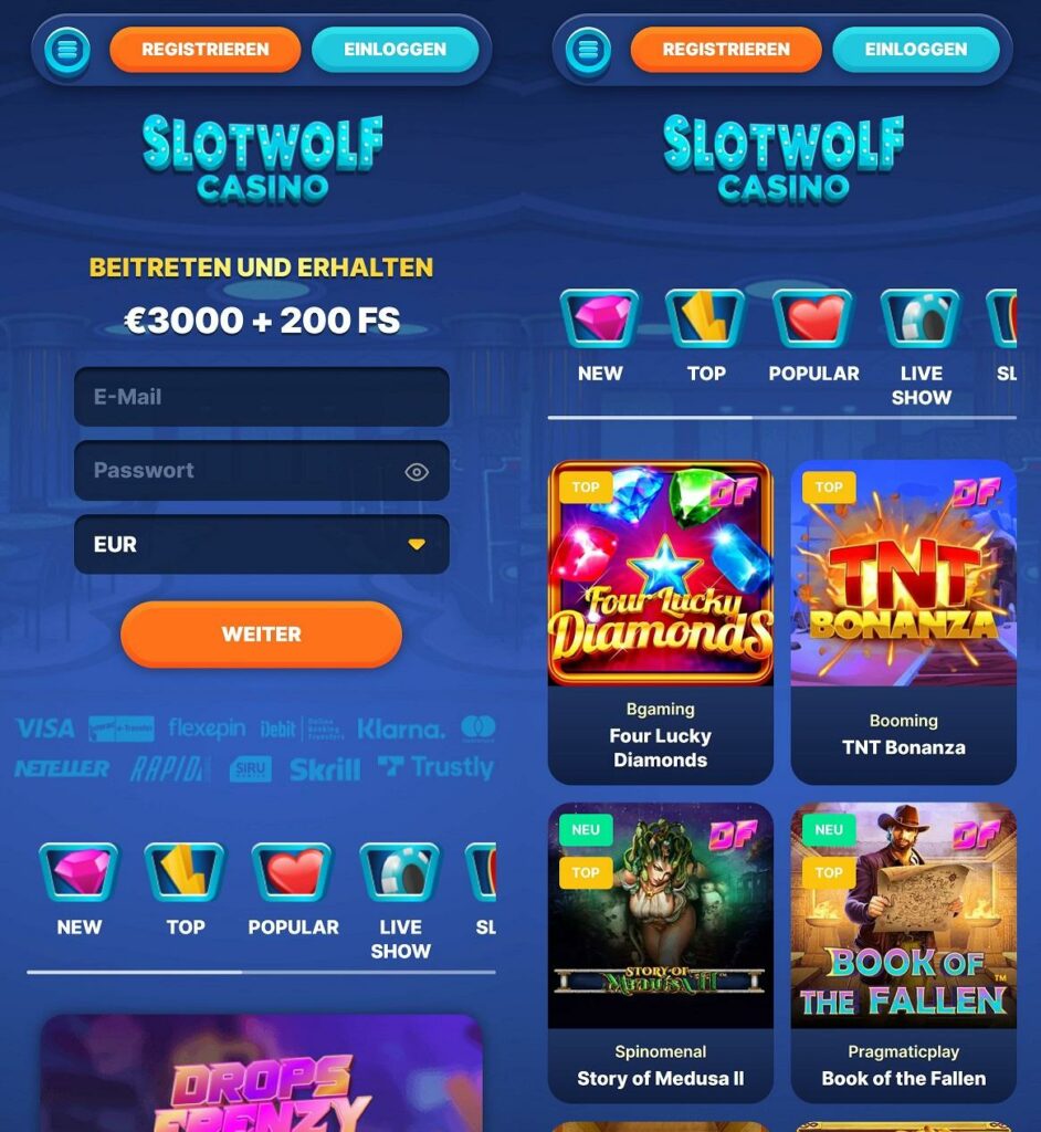 Screenshots der mobilen Website von SlotWolf