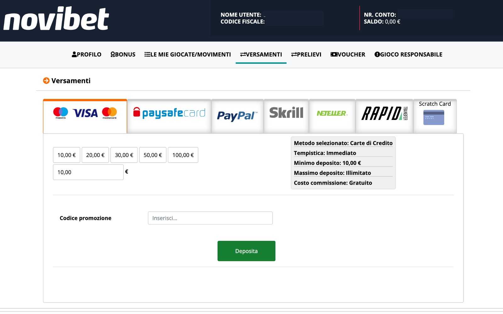 Metodi deposito Novibet