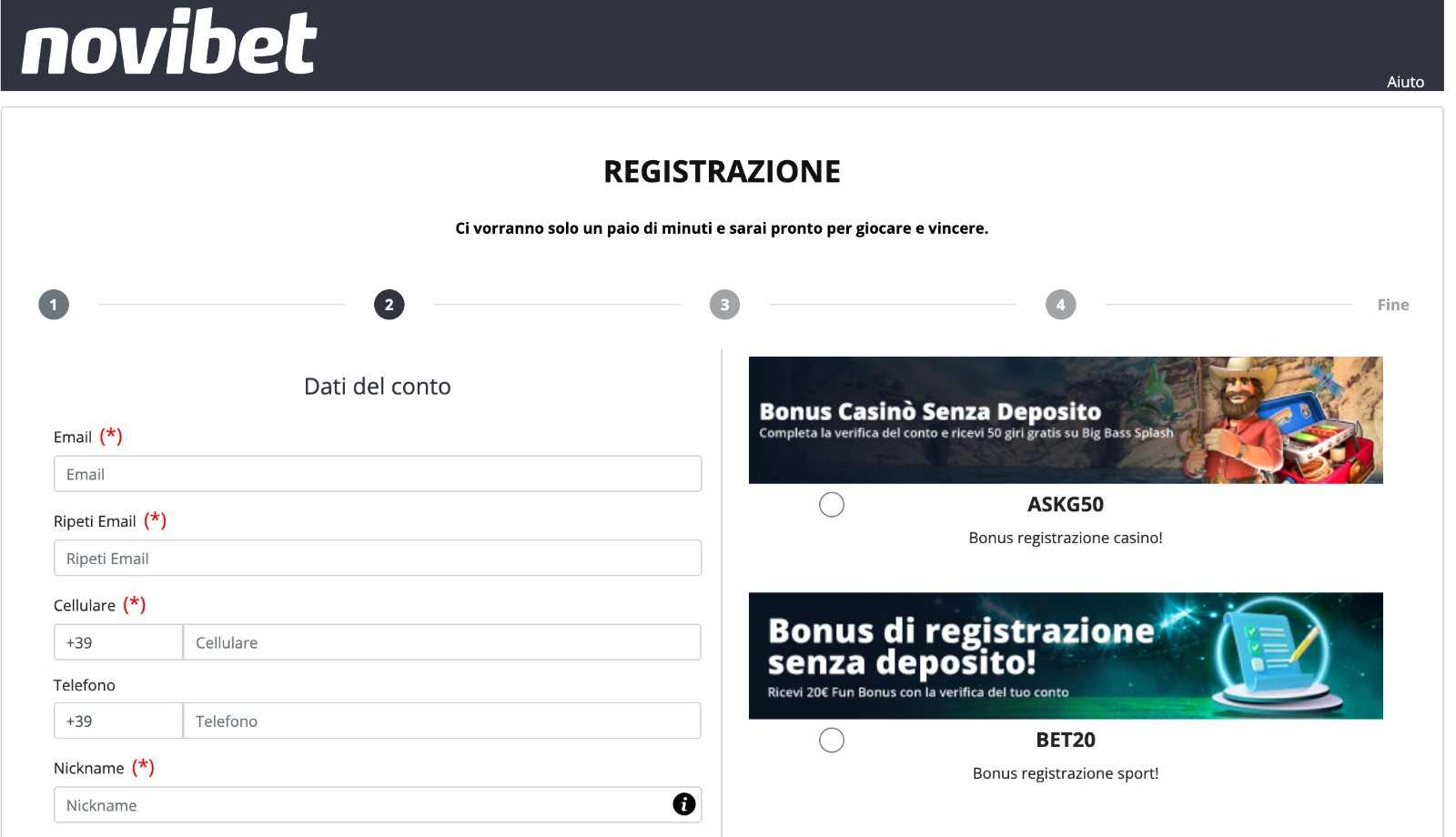 Registrazione Novibet