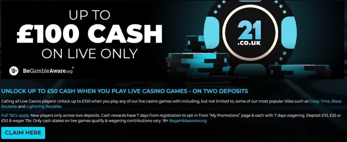 21.co.uk casino welcome bonus offer for new players